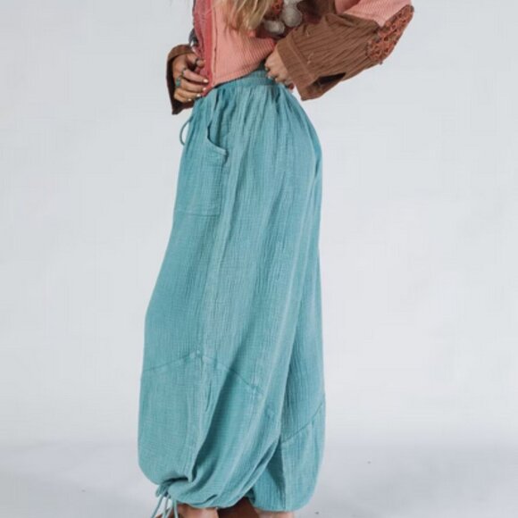 Three Bird Nest Cool Coast Wide-Leg Pants Teal Pocket Drawstring S - Picture 2 of 8